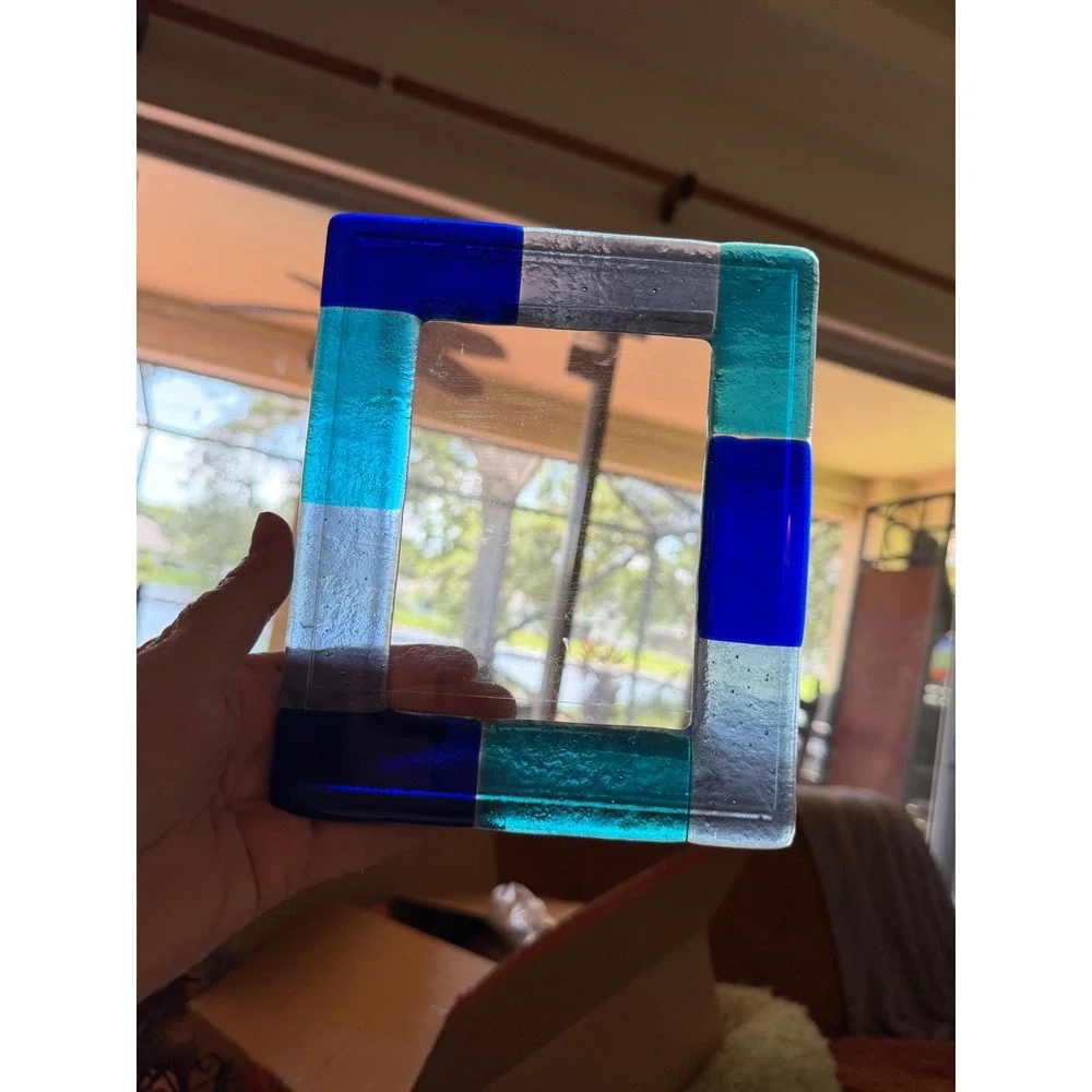 Fused Glass Picture Frame Blue colorblock Geometric